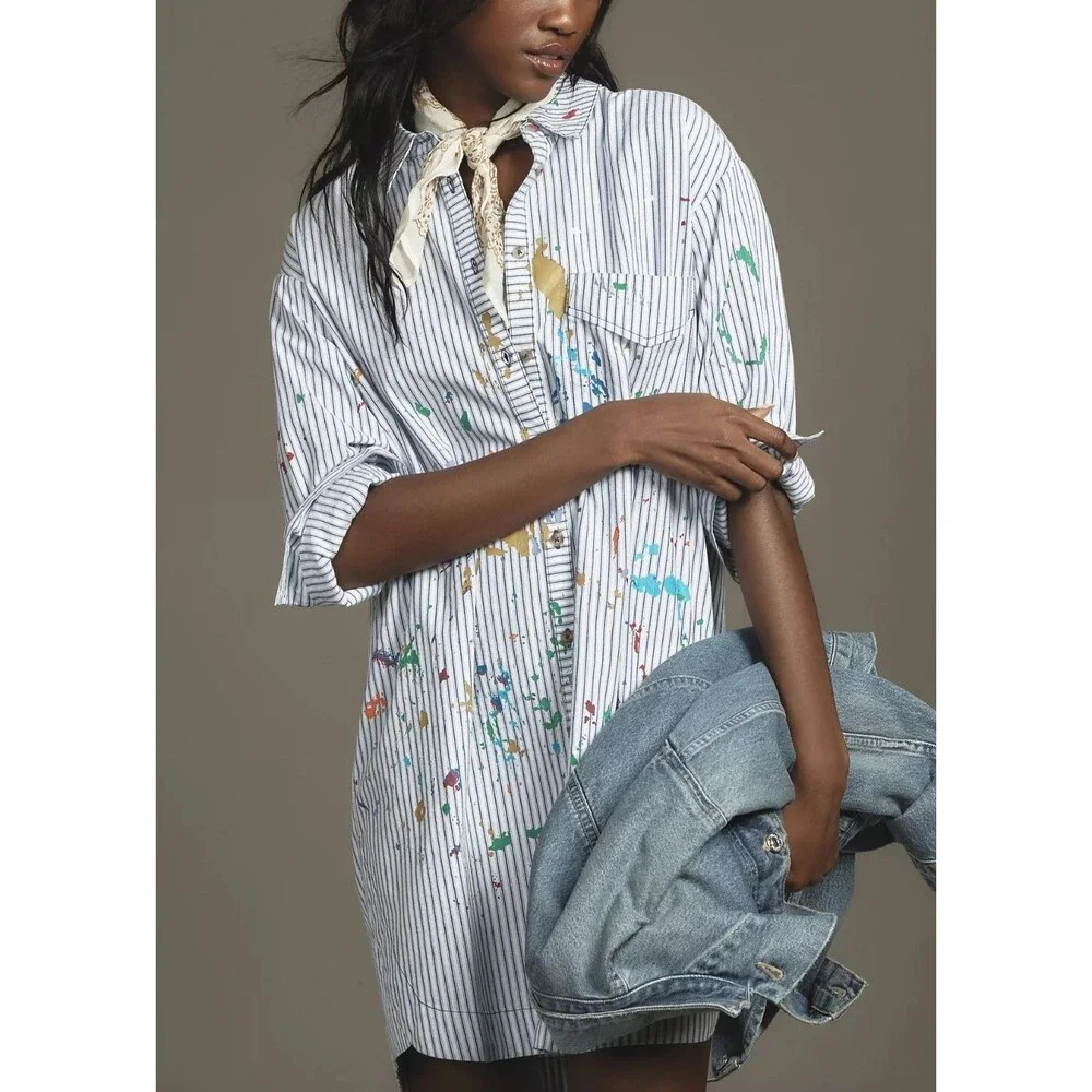 Anthropologie Pilcro Paint Splatter Long-Sleeve Shirt Dress Buttondown SP 288480